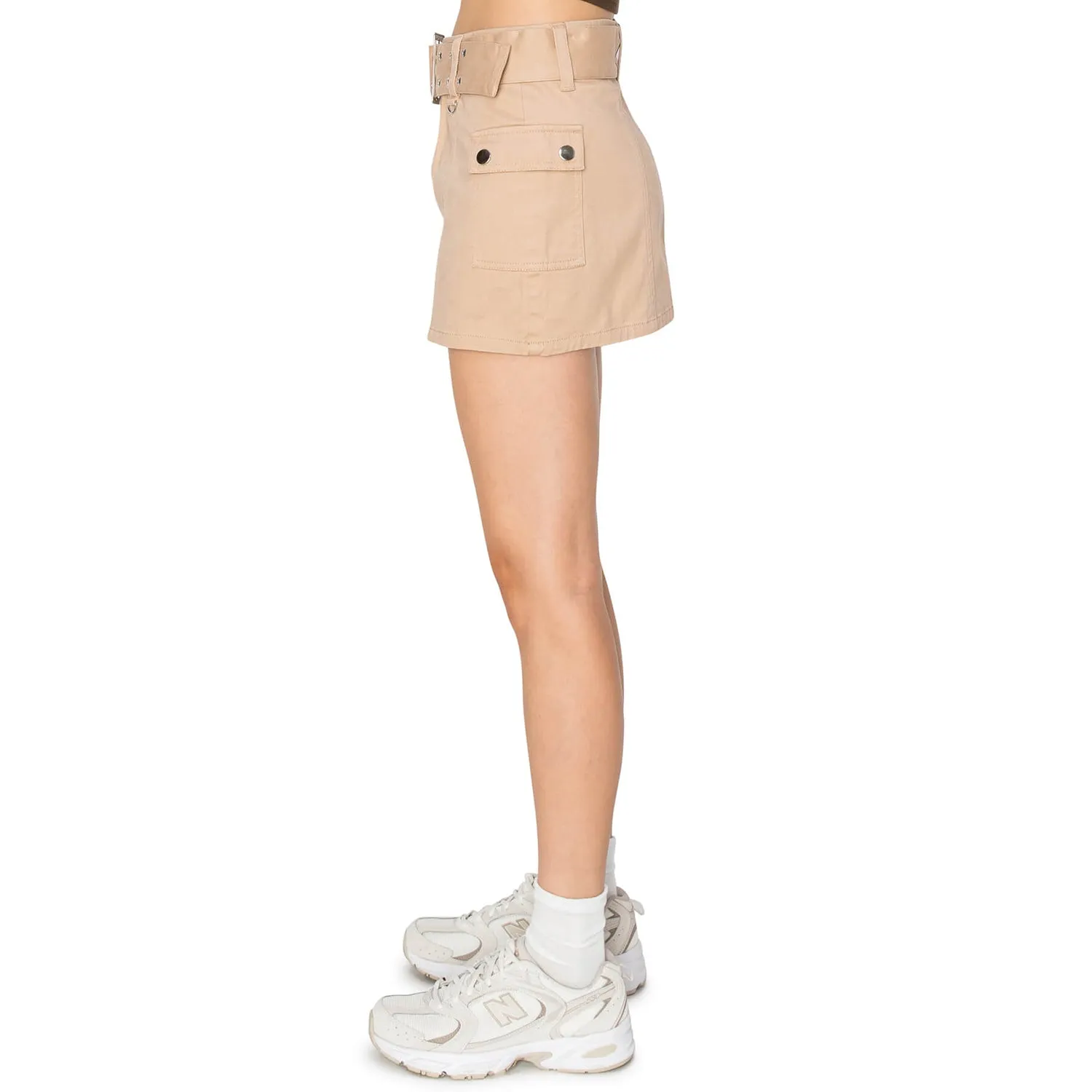 Micro Mini Skirt with Metal Belt - Khaki