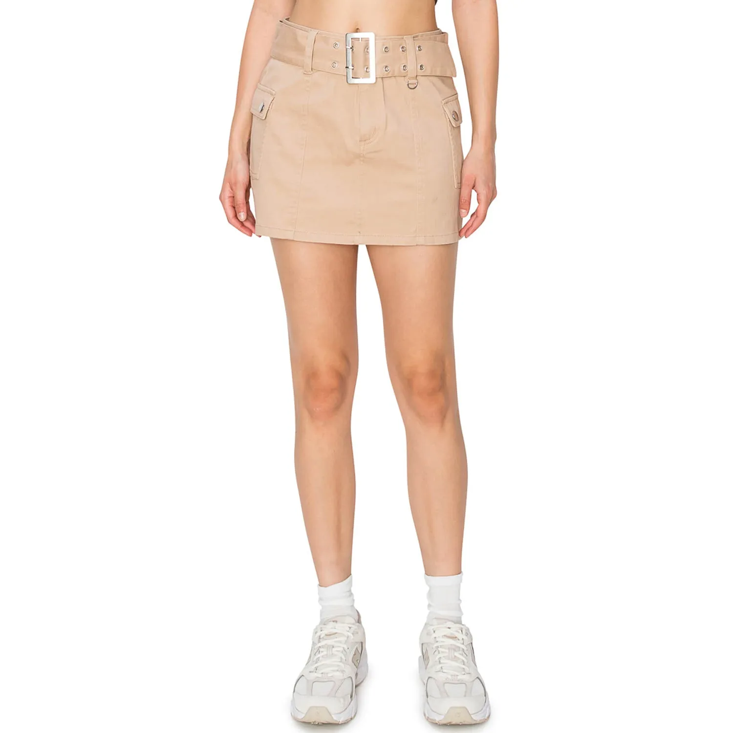 Micro Mini Skirt with Metal Belt - Khaki