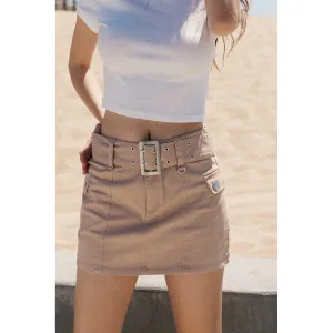 Micro Mini Skirt with Metal Belt - Khaki