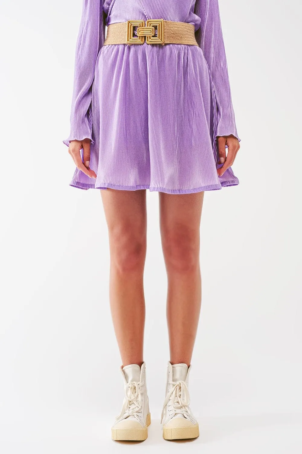 Pleated Satin Mini Skirt In Lilac