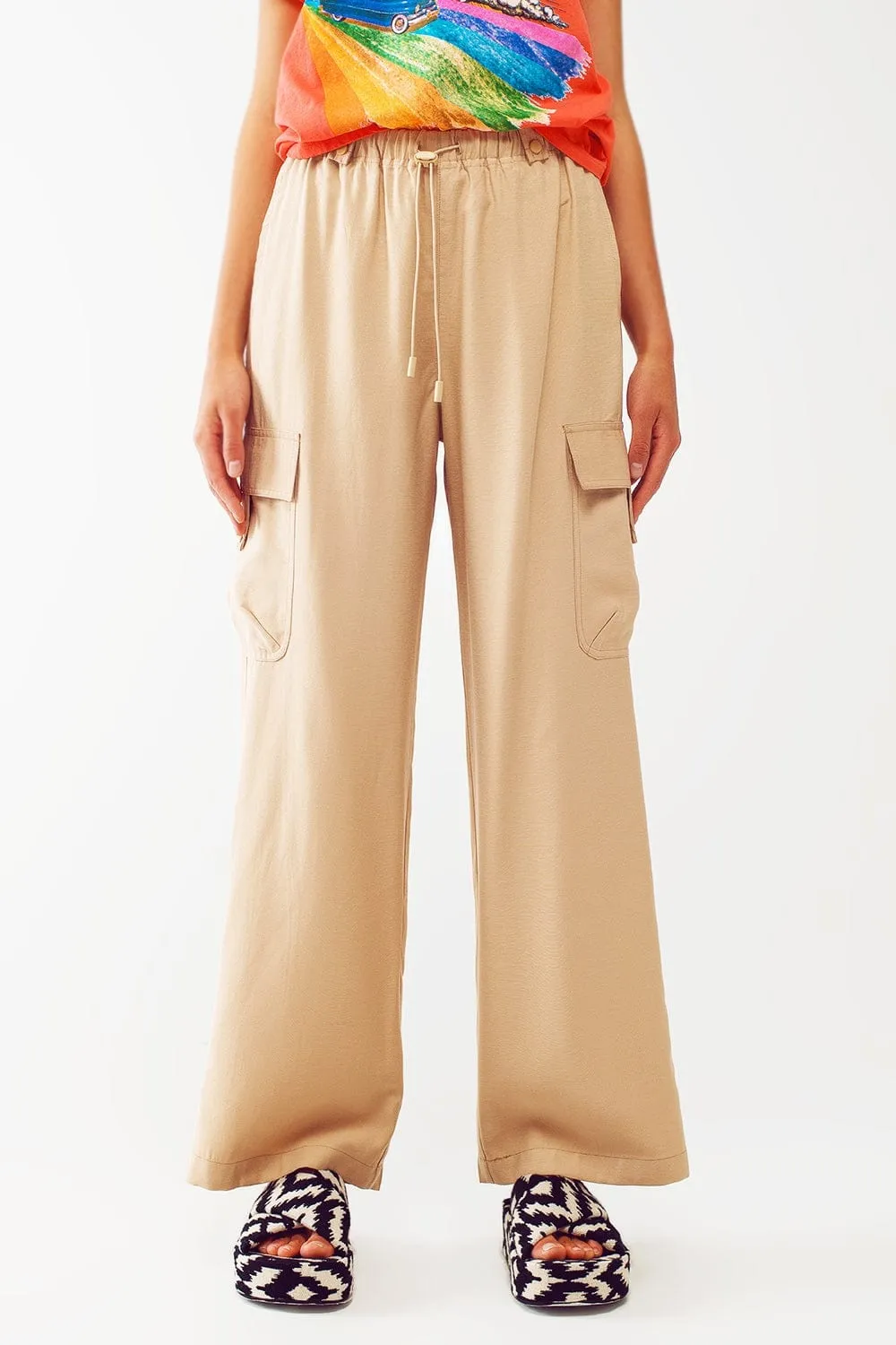 Relaxed Cargo Pants With Drawstring In Beige