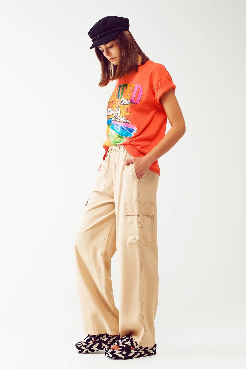 Relaxed Cargo Pants With Drawstring In Beige