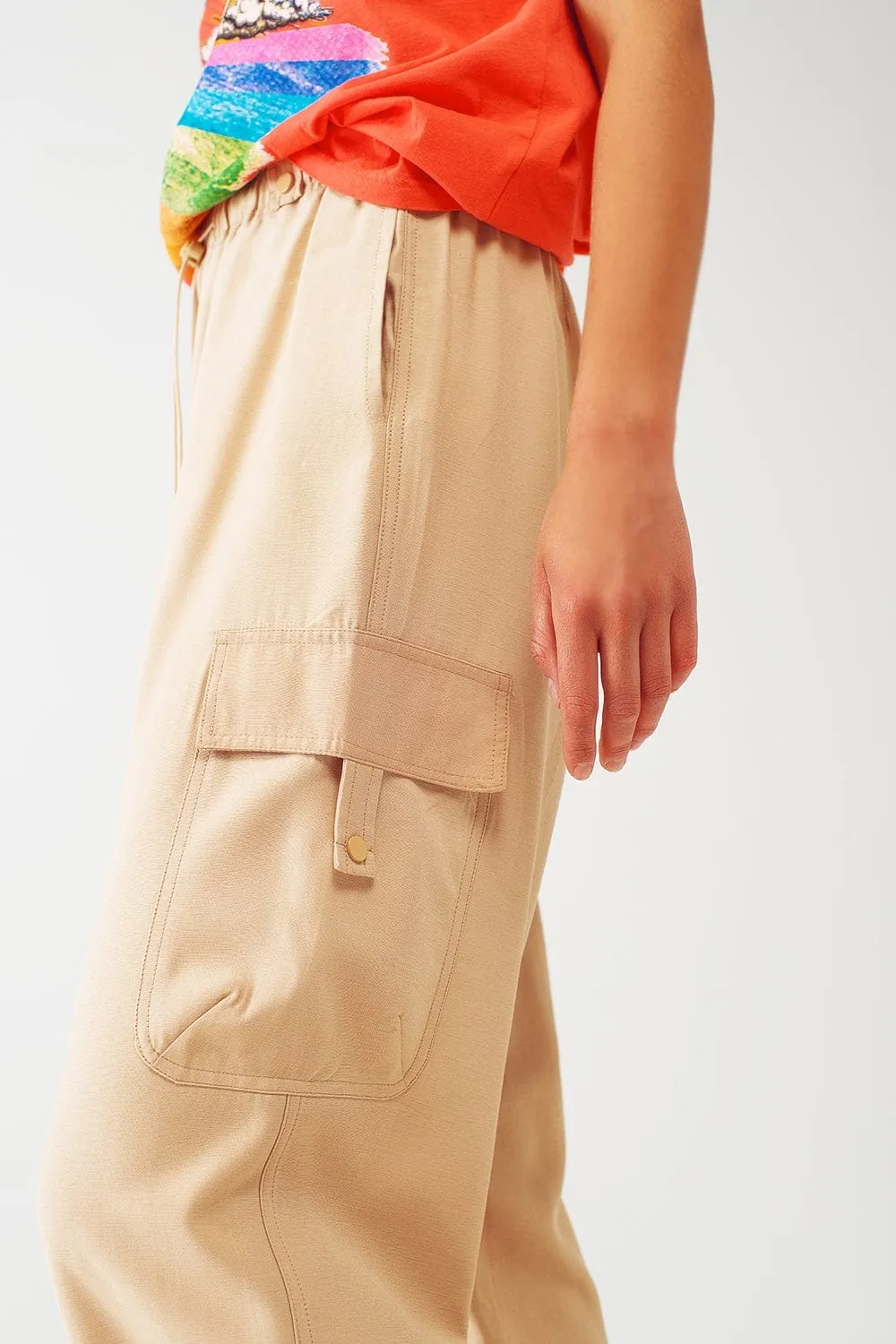 Relaxed Cargo Pants With Drawstring In Beige