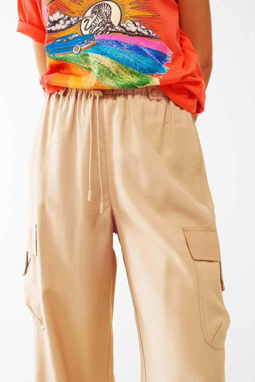 Relaxed Cargo Pants With Drawstring In Beige