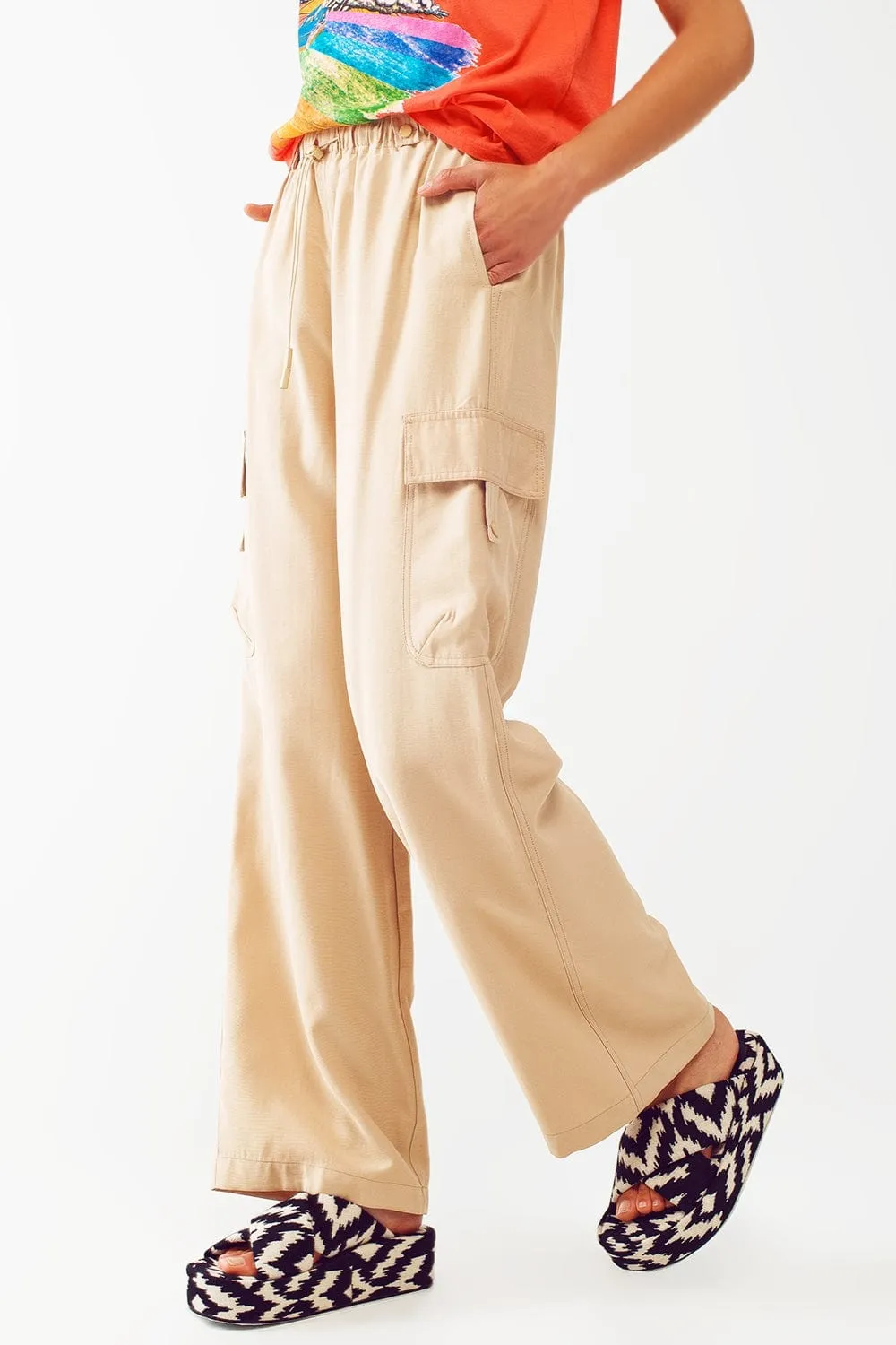 Relaxed Cargo Pants With Drawstring In Beige