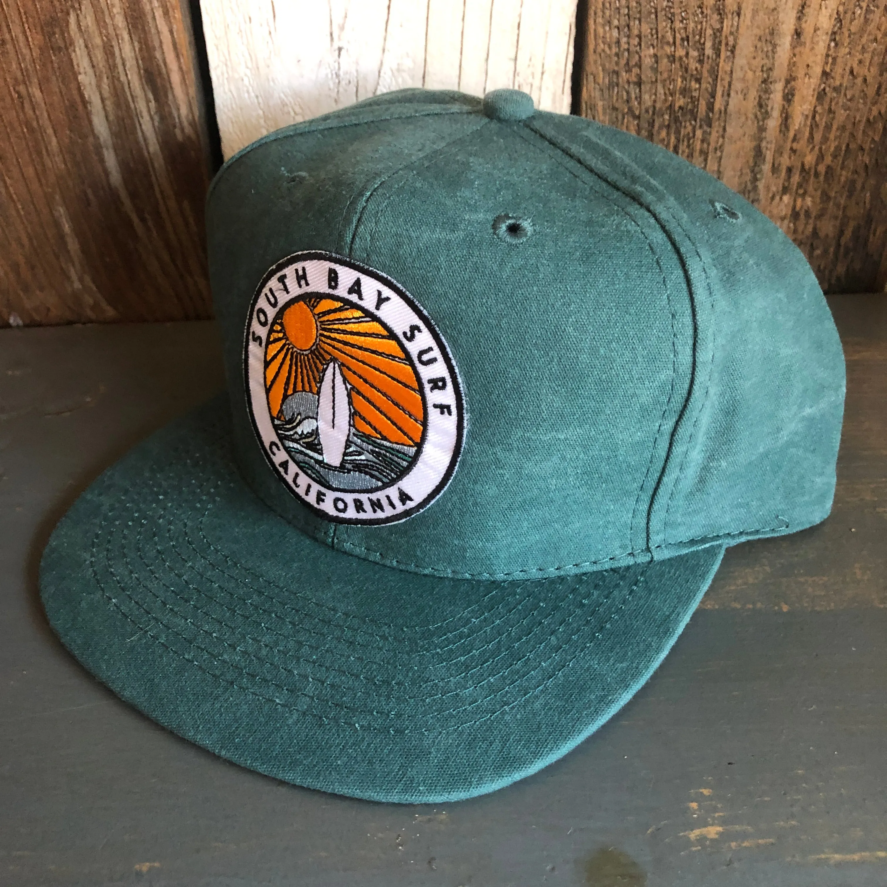SOUTH BAY SURF (Multi Colored Patch) - 6 Panel Mid Profile Baseball Cap - Dark Green