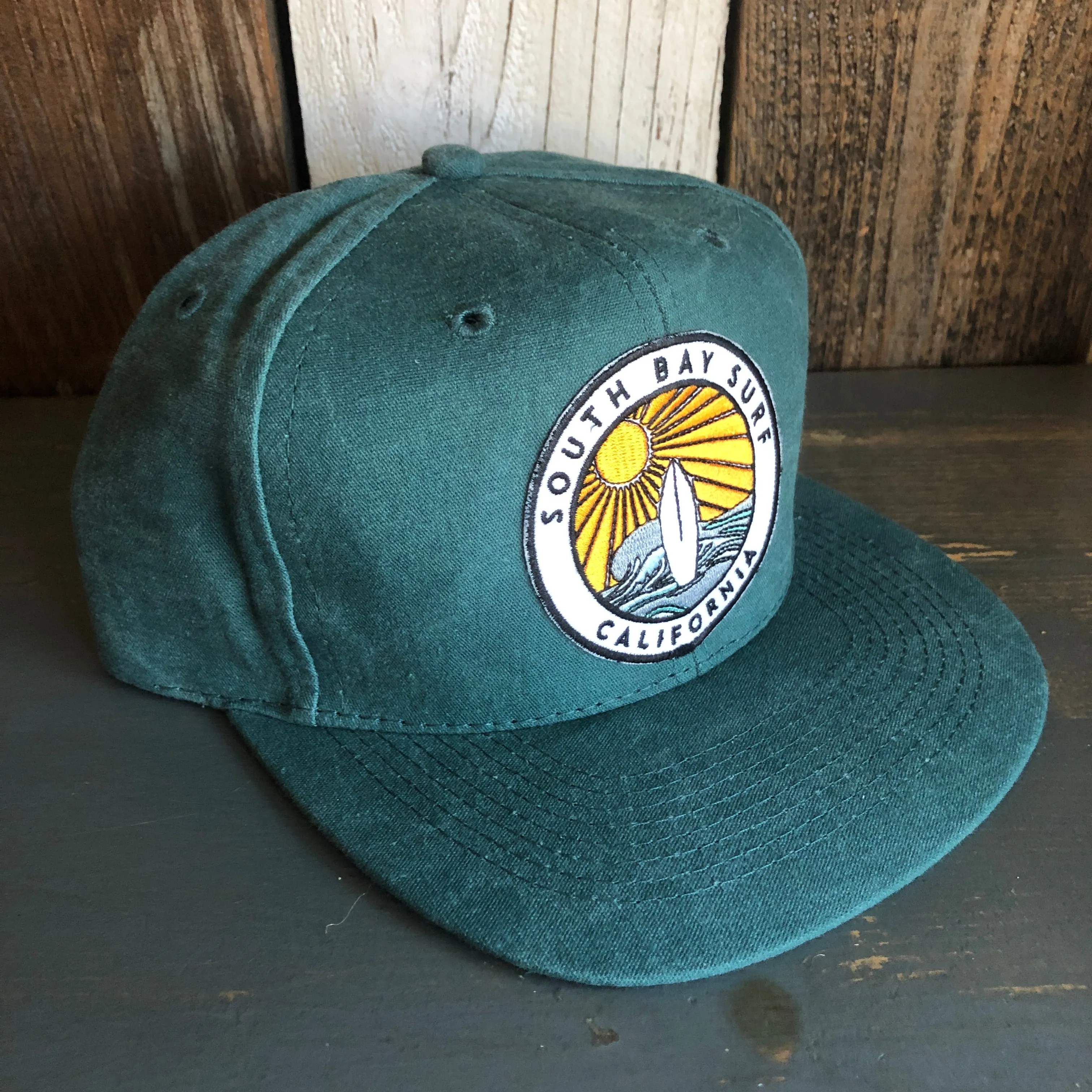 SOUTH BAY SURF (Multi Colored Patch) - 6 Panel Mid Profile Baseball Cap - Dark Green