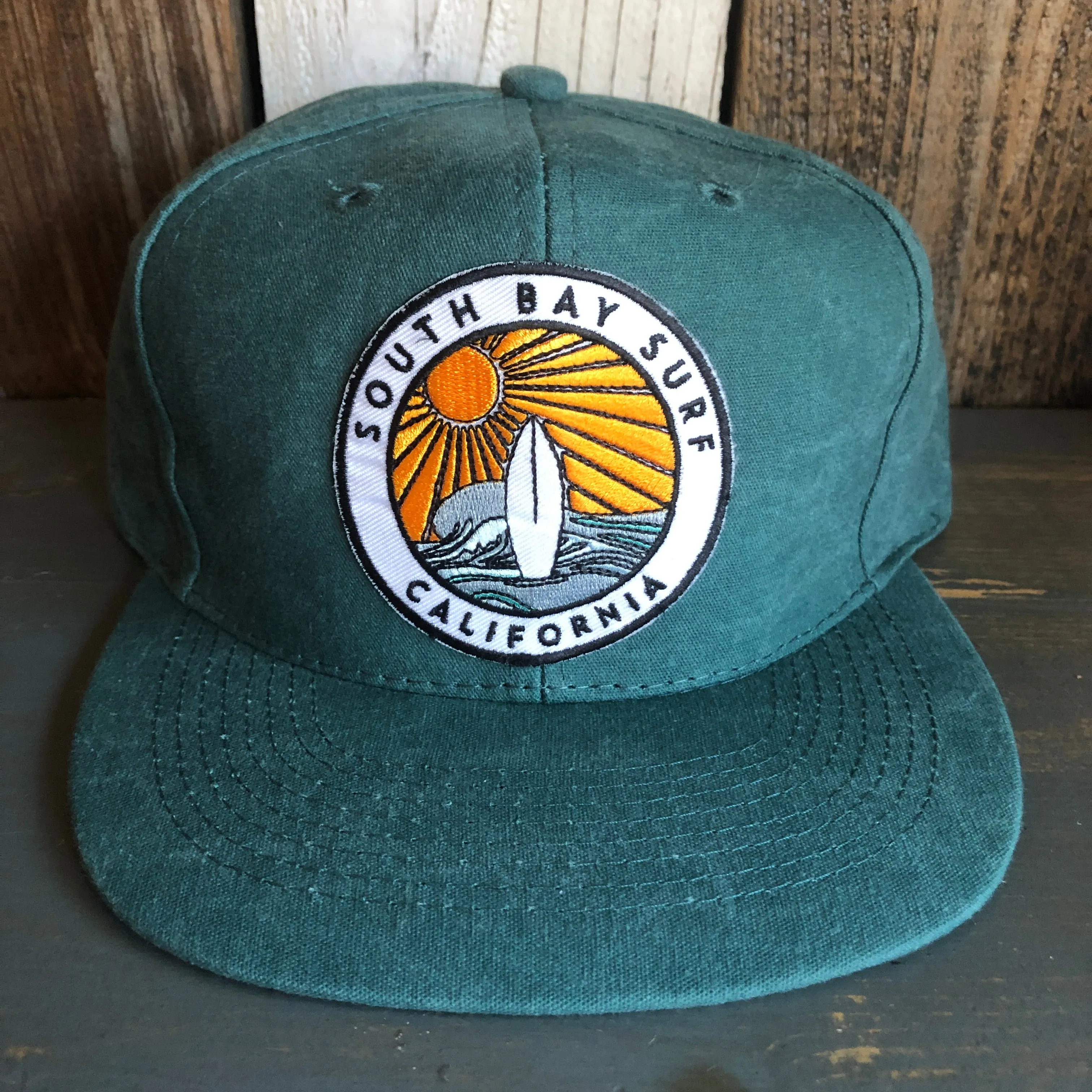 SOUTH BAY SURF (Multi Colored Patch) - 6 Panel Mid Profile Baseball Cap - Dark Green