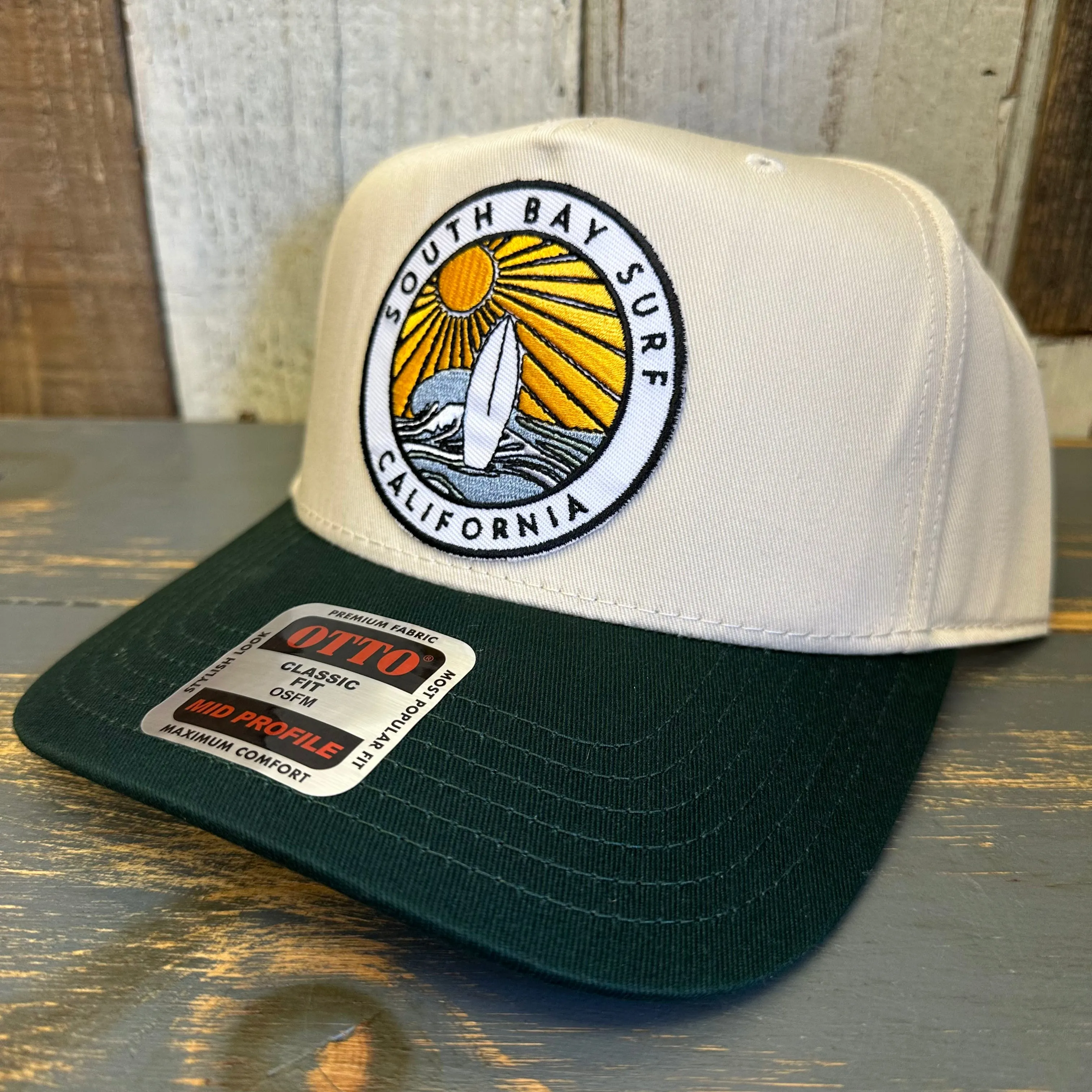 SOUTH BAY SURF (Multi Colored Patch) Mid Profile Baseball Cap - Dark Green/Natural