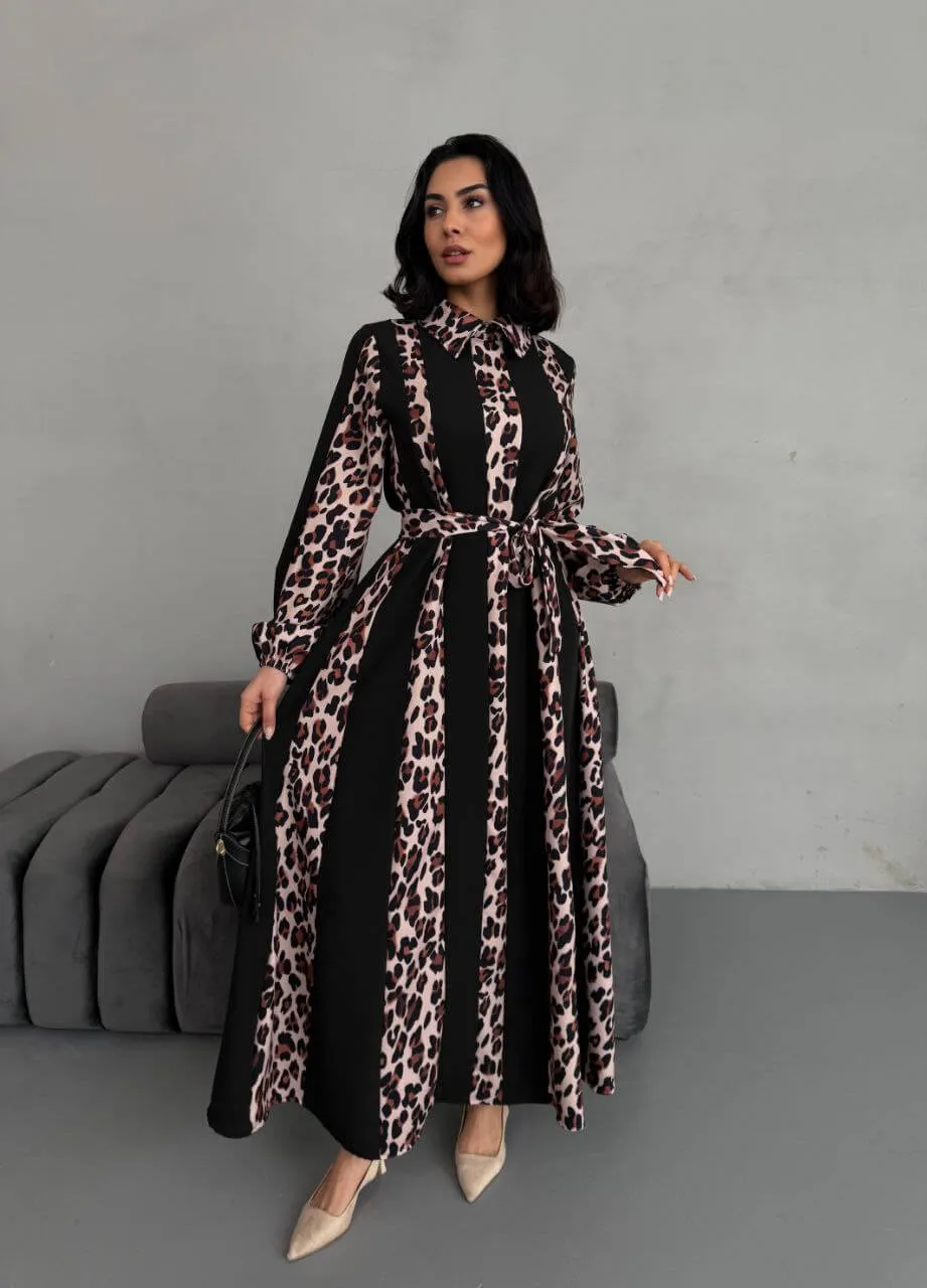 Women's Striped Leopard Print Maxi Dress