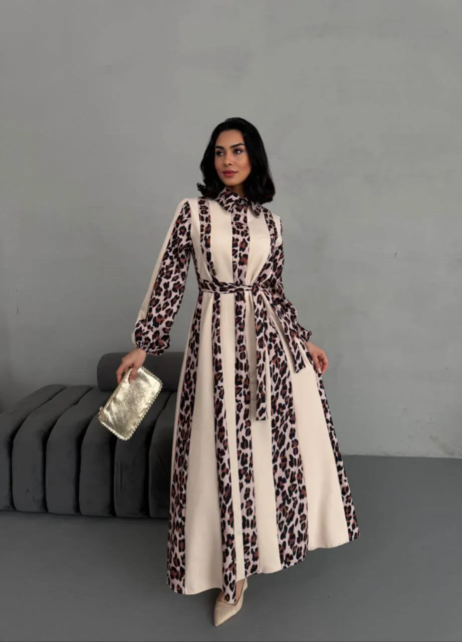 Women's Striped Leopard Print Maxi Dress