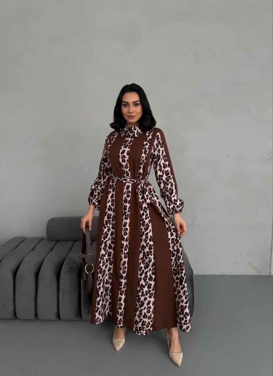 Women's Striped Leopard Print Maxi Dress